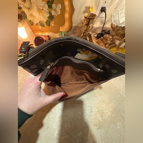 Fossil Leaf print crossbody purse bag canvas with leather trim pockets - Picture 13 of 15